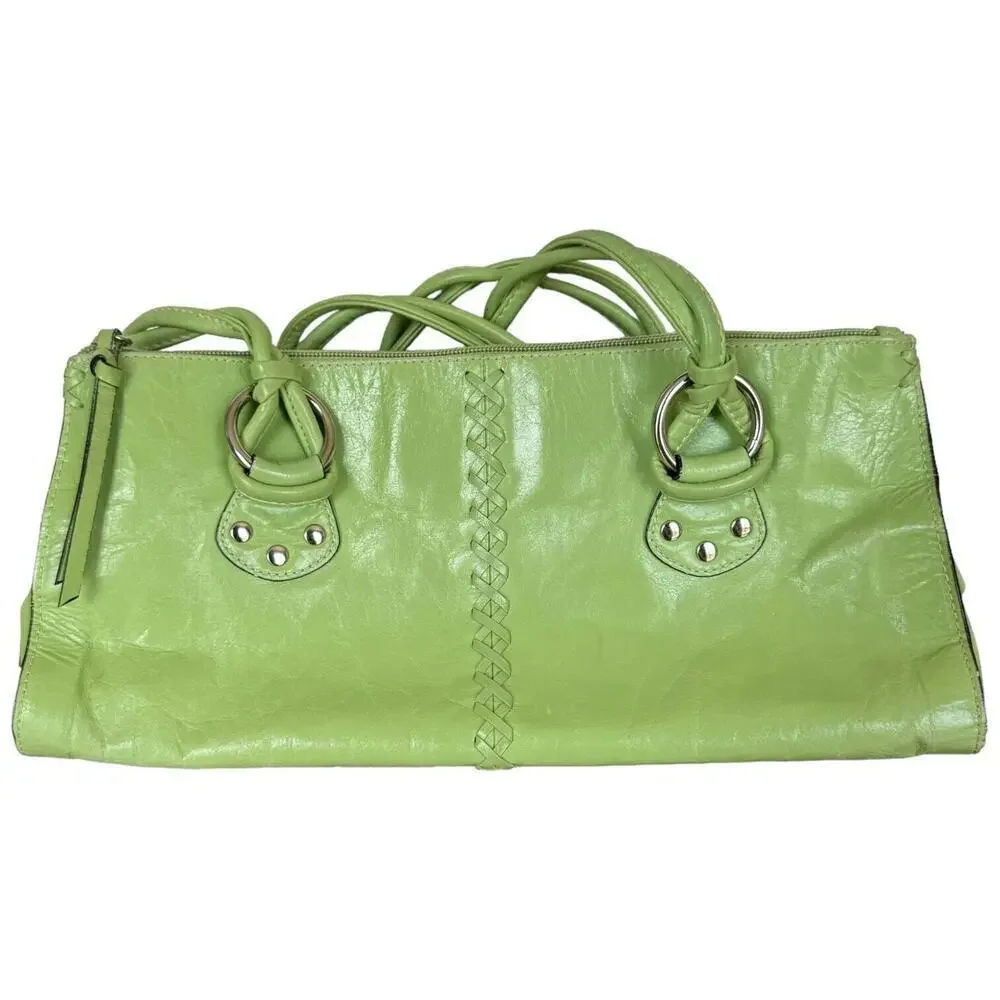 Peck & Peck Womens Satchel Handbag Green Leather Dual Handle Inner Pockets Zip